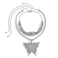 Tibetan Style Jewelry Necklace, Butterfly, platinum color plated, 2 pieces & for woman & with rhinestone, 80cm,35cm, Sold By Set