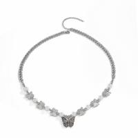 Edelstahl Schmuck Halskette, mit Kunststoff Perlen, mit Verlängerungskettchen von 2.7 inch, Schmetterling, Platinfarbe platiniert, für Frau, verkauft von setzen
