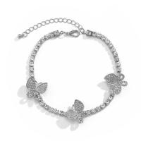 Bracelet de cheville en alliage de zinc, avec 1.97 inch chaînes de rallonge, papillon, Placage, pour femme & avec strass, plus de couleurs à choisir, Vendu par PC