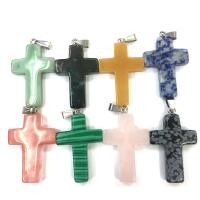Gemstone Pendants Jewelry, Natural Stone, Cross, different materials for choice & Unisex, more colors for choice, 28x40mm, Sold By PC