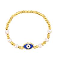 Bracelet Evil Eye bijoux, laiton, avec perle de plastique, Placage de couleur d'or, bijoux de mode & émail, plus de couleurs à choisir, protéger l'environnement, sans nickel, plomb et cadmium, 14x9mm, Longueur:6.69 pouce, Vendu par PC
