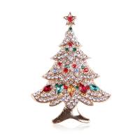 سبائك الزنك دبابيس, شجرة الميلاد, لون الذهب مطلي, تصميم عيد الميلاد & للجنسين & مع حجر الراين, النيكل والرصاص والكادميوم الحرة, 55x41mm, تباع بواسطة PC