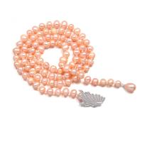 Natural Freshwater Pearl Necklace with Zinc Alloy platinum color plated for woman & with rhinestone pink 8-9mm Length Approx 29.53 Inch Sold By PC