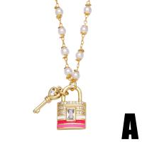 Cubic Zircon Micro Pave Brass Necklace, with Plastic Pearl, with 1.97 extender chain, Lock and Key, gold color plated, micro pave cubic zirconia & enamel, more colors for choice, nickel, lead & cadmium free, 20x17mm, Length:17.72 Inch, Sold By PC