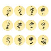 Edelstahl Schmuck Anhänger, rund, goldfarben plattiert, verschiedene Stile für Wahl & mit Blumenmuster & Emaille, goldfarben, 15mm, 10PCs/Tasche, verkauft von Tasche