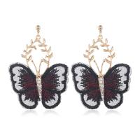 Zinc Alloy Drop Earrings with Lace Butterfly gold color plated embroidered & for woman & with rhinestone Sold By Pair