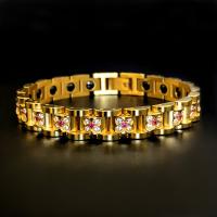 Magnetic Jewelry Bracelet Stainless Steel with Black Ochre & Titanium Steel 18K gold plated Unisex & with magnetic & with rhinestone Length Approx 7.87 Inch Sold By PC
