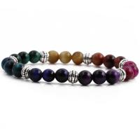 Natural Tiger Eye Bracelets, with Brass, silver color plated, elastic & Unisex, mixed colors, 180-200mm, Sold By PC