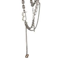 Titanium Steel Necklace, with Plastic Pearl, for woman, silver color, Length:48 cm, Sold By PC