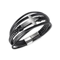 acier inoxydable bracelet, avec Cuir synthétique, multicouche & pour homme, noire, 10mm, Longueur Environ 8.46 pouce, Vendu par PC