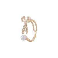 Brass Cuff Finger Ring, with Plastic Pearl, Adjustable & micro pave cubic zirconia & for woman, golden, 17mm, Sold By PC