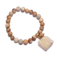 jaspe de photo bracelet, avec agate quartz de glace & alliage de zinc, cadre, Placage de couleur d'or, pour femme, Jaune, 8mm,20x20mm, Longueur Environ 7.48 pouce, Vendu par PC