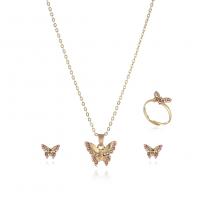 Zinc Alloy Jewelry Sets Stud Earring & finger ring & necklace Butterfly gold color plated three pieces & with rhinestone golden nickel lead & cadmium free Sold By Set