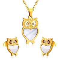 Fashion Stainless Steel Jewelry Sets Stud Earring & necklace with White Shell Owl plated micro pave cubic zirconia & for woman 27.5*17.5mm 13.5*9.5mm Length Approx 17.72 Inch Sold By Set
