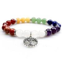 Gemstone Bracelets, with Tibetan Style, silver color plated, elastic & different styles for choice, mixed colors, 6-8mm, Length:7.48 Inch, Sold By PC