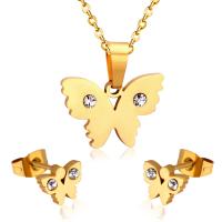 Fashion Stainless Steel Jewelry Sets Stud Earring & necklace Butterfly gold color plated micro pave cubic zirconia & for woman 17*25mm 6.5*8.5mm Length Approx 17.72 Inch Sold By Set