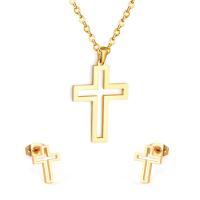 Fashion Stainless Steel Jewelry Sets Stud Earring & necklace Cross gold color plated for woman & hollow 25*38mm 8.7*12mm Length Approx 17.72 Inch Sold By Set