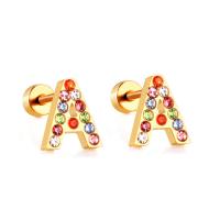 Stainless Steel Stud Earrings Alphabet Letter gold color plated Unisex & with rhinestone Sold By Pair