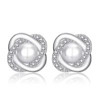 Cubic Zirconia Micro Pave Brass Earring with Plastic Pearl plated micro pave cubic zirconia & for woman silver color 12mm Sold By Bag