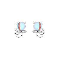 Brass Stud Earring, with Cubic Zirconia & Sea Opal, brass post pin, Cat, platinum plated, for woman & faceted, 7x9.50mm, Approx 5Pairs/Bag, Sold By Bag