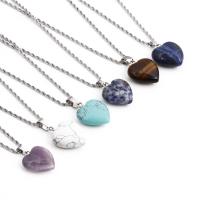 Natural Gemstone Necklace, Stainless Steel, with Gemstone & Tibetan Style, Heart, silver color plated, fashion jewelry, more colors for choice, Length:23.62 Inch, Sold By PC