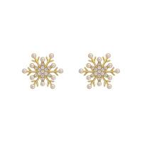 Cubic Zirconia Micro Pave Brass Earring, with Plastic Pearl, sterling silver post pin, micro pave cubic zirconia & for woman, golden, 14x14mm, 5Pairs/Bag, Sold By Bag