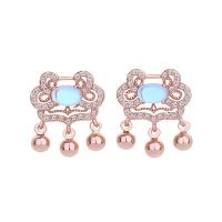 Brass Drop Earring, with Moonstone, plated, micro pave cubic zirconia & for woman, rose gold color, 14x17mm, 5Pairs/Bag, Sold By Bag