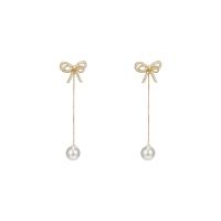 Brass Earring Jacket, with ABS Plastic Pearl, Bowknot, real gold plated, fashion jewelry & micro pave cubic zirconia & for woman, golden, 59x16mm, Sold By Pair