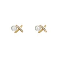 Befestiger Zirkonia Messing Ohrring, mit ABS-Kunststoff-Perlen, vergoldet, Modeschmuck & Micro pave Zirkonia & für Frau, goldfarben, 11x11mm, verkauft von Paar