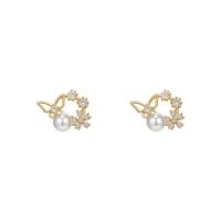 Cubic Zirconia Micro Pave Brass Earring, with ABS Plastic Pearl, high quality plated, fashion jewelry & micro pave cubic zirconia & for woman, golden, 20x10mm, Sold By Pair