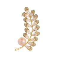 Freshwater Pearl Brooch, Brass, with Freshwater Pearl, Wheat, 18K gold plated, micro pave cubic zirconia & for woman, nickel, lead & cadmium free, 54x21mm, Sold By PC
