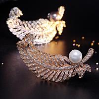 Tibetan Style Brooches, with Shell Pearl & Freshwater Pearl, Feather, plated, for woman & with rhinestone, more colors for choice, nickel, lead & cadmium free, 70x44mm, Sold By PC