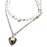 Freshwater Pearl Brass Chain Necklace, Pérolas de água doce, with cobre, Camada Dupla & para mulher, cores misturadas, comprimento 45 cm, vendido por PC