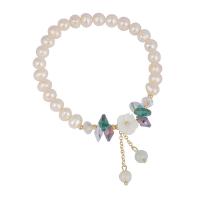 Bracelet en perles de culture d'eau douce, perle d'eau douce cultivée, avec Moonstone & Acier titane & coquille, pour femme & avec strass, couleurs mélangées, Longueur:19 cm, Vendu par PC