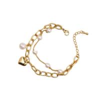 Titanium Steel Bracelet & Bangle with Plastic Pearl Heart plated for woman golden Length 19 cm Sold By PC