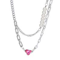Titanstahl Halskette, mit ABS-Kunststoff-Perlen, mit Verlängerungskettchen von 2.4, plattiert, Doppelschicht & Modeschmuck & für Frau & mit Strass, Silberfarbe, Länge:50 cm, verkauft von PC