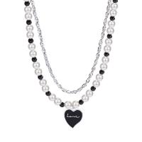 Plastic Pearl Necklace Titanium Steel with ABS Plastic Pearl with 2.4 extender chain Heart plated Double Layer & fashion jewelry & for woman & enamel silver color 20mm Length 48 cm Sold By PC