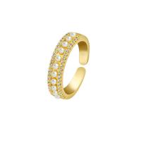 Rhinestone палец кольцо, Латунь, с Пластиковая жемчужина, плакирован золотом, регулируемый & Женский & со стразами, не содержит никель, свинец, размер:6-8, продается PC