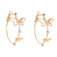 Tibetan Style Hoop Earring, with Cubic Zirconia, plated, butterfly design & for woman, golden, 43x43mm, Sold By Pair