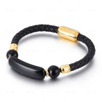 PU Leather Cord Bracelets, with Natural Stone & Stainless Steel, plated, fashion jewelry & woven pattern, black, Length:21 cm, Sold By PC