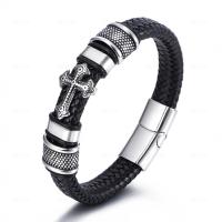 PU Leather Cord Bracelets with Stainless Steel plated fashion jewelry & woven pattern & blacken black Length 21 cm Sold By PC