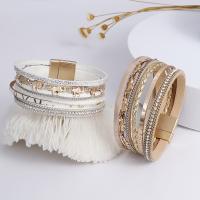 PU Leather Cord Bracelets with Zinc Alloy plated fashion jewelry & woven pattern & with rhinestone 25mm Length 19 cm Sold By PC
