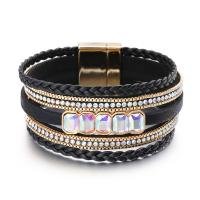 PU Leather Cord Bracelets, with Tibetan Style, plated, fashion jewelry & woven pattern & with rhinestone, black, Length:19 cm, Sold By PC