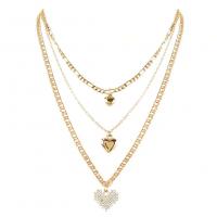 Multi слой ожерелье, цинковый сплав, Сердце, многослойный & Женский & со стразами, Золотой, продается PC