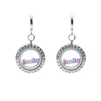 Stainless Steel Floating Locket Earring with photo locket & for woman & with rhinestone silver color Sold By Pair