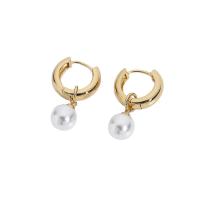 Huggie Hoop Drop Earring, Brass, with Freshwater Pearl, Round, 14K gold plated, fashion jewelry & for woman, 20x30mm, Sold By Pair