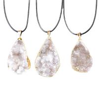 Druzy Necklace, Ice Quartz Agate, with leather cord & Brass, Teardrop, gold color plated, druzy style & Unisex, white, 30-40mmx20-30mm, Length:Approx 17.72 Inch, Sold By PC