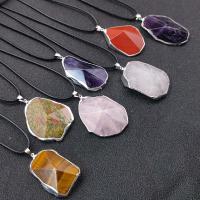 Natural Gemstone Necklace, Natural Stone, with leather cord & Brass, irregular, platinum color plated, different materials for choice & Unisex & faceted, more colors for choice, 30-48mm, Length:Approx 17.72 Inch, Sold By PC