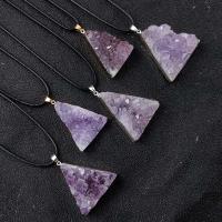 Amethyst Necklace with leather cord & Brass Triangle plated druzy style & Unisex purple 25-35mmx28-35mm Length Approx 17.72 Inch Sold By PC