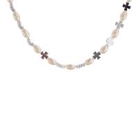Messing Halskette, mit Kunststoff Perlen, vierblättriges Kleeblatt, silberfarben plattiert, Koreanischen Stil & für Frau, Länge:ca. 8.6 ZollInch, verkauft von PC